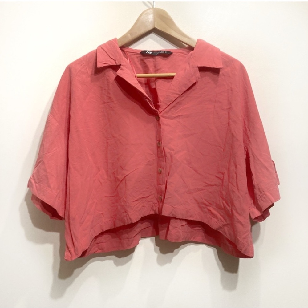 Zara Linen Button Down Crop Shirt Size Medium Coral Pink